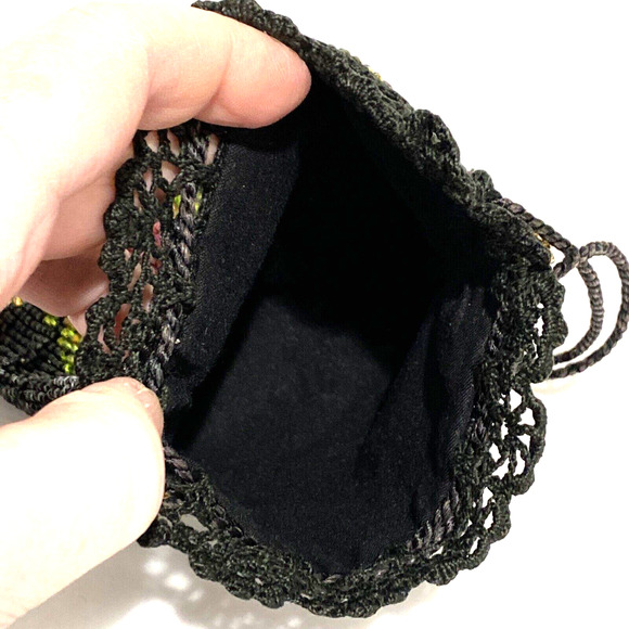 Vintage beaded pouch purse black & pink flowers crochet drawstring beggars bag - Picture 7 of 12